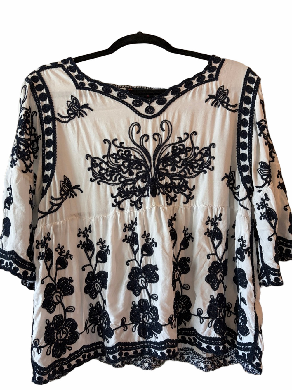 Anthology-Indigo Poppy black embroidered butterfly white cotton- Boho Large.